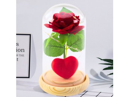 Večná ruža v kupole s LED osvetlením, červená so srdcom, 14x8cm