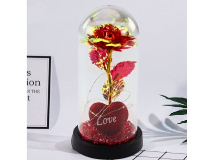 Večná ruža v kupole s LED osvetlením, korálky v tvare srdca, červená 21x11cm