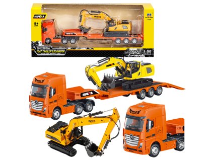 Nákladné auto s prívesom, odťahové vozidlo, kovové rýpadlo, Huina Orange 1:50