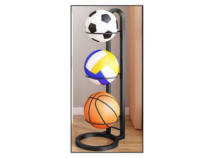 3-úrovňový kovový stojan na lopty, stabilný, matná čierna