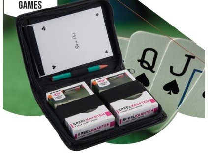 Sada 2 balíčkov kariet v puzdre so zápisníkom a ceruzkou