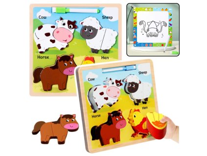 Drevená fixka na puzzle 2 v 1 s edukačnými zvieratkami