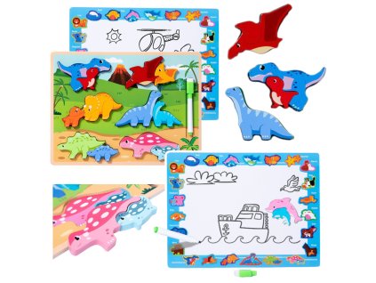 Drevené puzzle 2 v 1, vzdelávacie fixky s dinosaurami, 12 ks