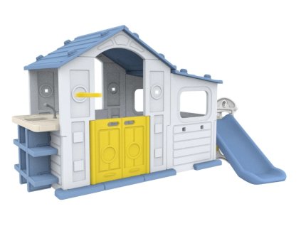 Detský záhradný domček so šmykľavkou a umývadlom – modrý