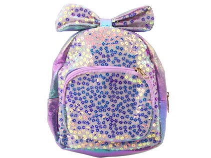 Detský batoh s flitrami, kvetmi, mašľou, fialový, 22 cm, 2,8 l