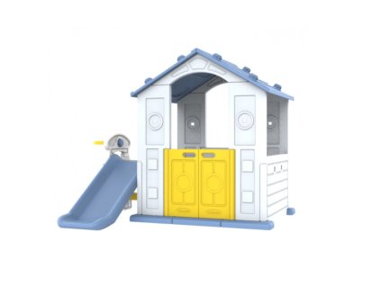 Detský záhradný domček so šmykľavkou a basketbalovým košom – modrý