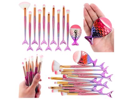 Sada štetcov na make-up s motívom morskej panny, fialovo-ružová, 8 ks.