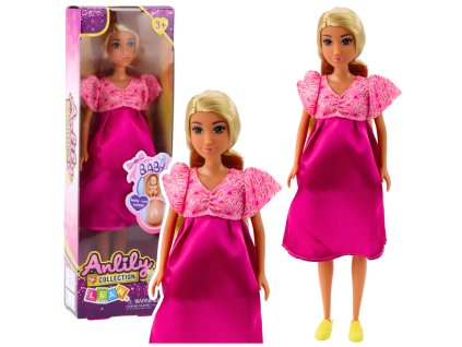 Tehotná bábika Anlily v ružových saténových šatách s dlhými vlasmi