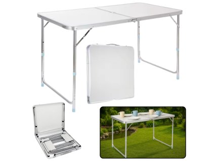 Skladací nastaviteľný kempingový stôl z hliníka, biely 120x60 cm