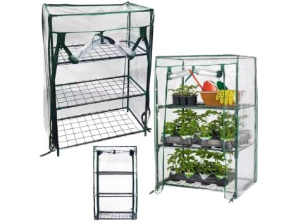Mini balkónový záhradný skleník s 3 kovovými policami, PVC fóliou, 46 x 24 x 80 cm