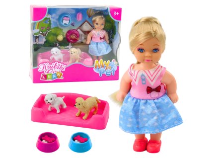 Sada mini bábik s dvoma psami, pelech a miska na jedlo