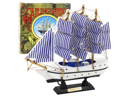 Zberateľský model dekoratívnej plachetnice biela a modrá 18x17cm