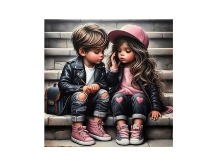 Diamantová mozaika - dievča a chlapec na schodoch