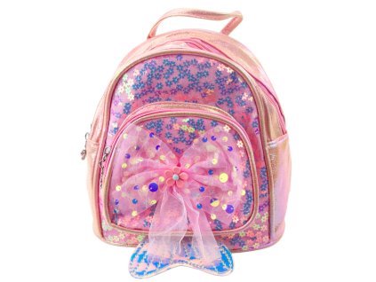 Detský batoh s flitrami a tylovou mašľou ružový 20 cm 3,8 l