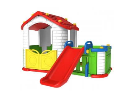 Záhradný domček so šmýkalkou 3v1 červená strecha