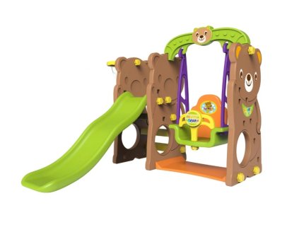 Záhradná šmykľavka s hojdačkou a basketbalom 3v1 - Medvedík hnedá