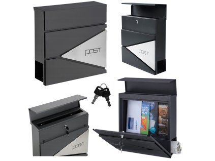 Veľká poštová schránka na listy a noviny, antracitová, s nápisom POST, 37x37x10,5 cm