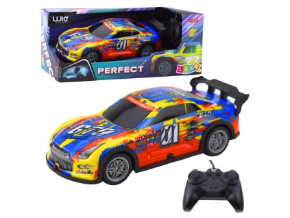 RC pretekárske auto so svietiacou karosériou, modré a žlté