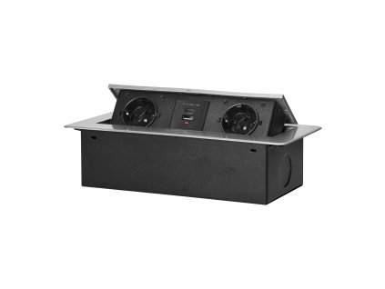 Nábytková zásuvka zapustená do dosky s plochým frézovaným okrajom a USB nabíjačkou, 2x2P+Z (Schuko), 2x USB (typ A+C; 3,6A), strieborná