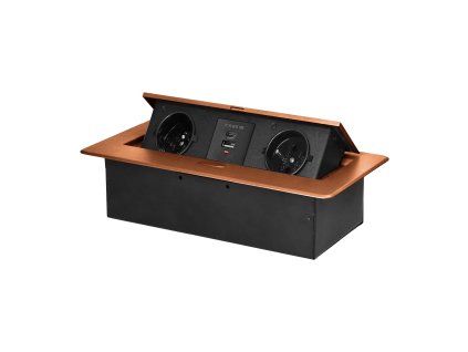 Nábytková zásuvka zapustená do dosky s plochým frézovaným okrajom a USB nabíjačkou, 2x2P+Z, 2xUSB (typ A+C; 3,6A), zlatá