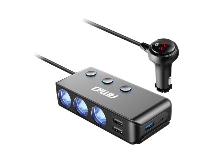 Rozdvojka do zapaľovača cigariet + voltmeter, USB nabíjačka, USB-C 12V 24V amio-03781