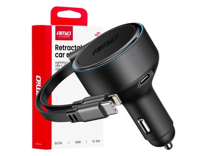 Nabíjačka do auta s výsuvným káblom typu C + Lightning pre iPhone + USB-C 12V 24V 60W amio-04370