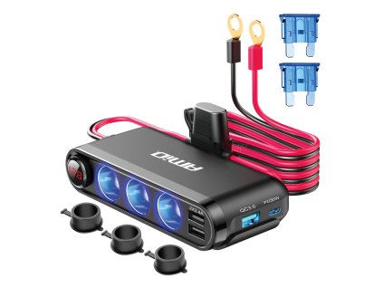 Rozdvojka do zapaľovača cigariet + voltmeter, USB nabíjačka, USB-C 12V 24V amio-03782