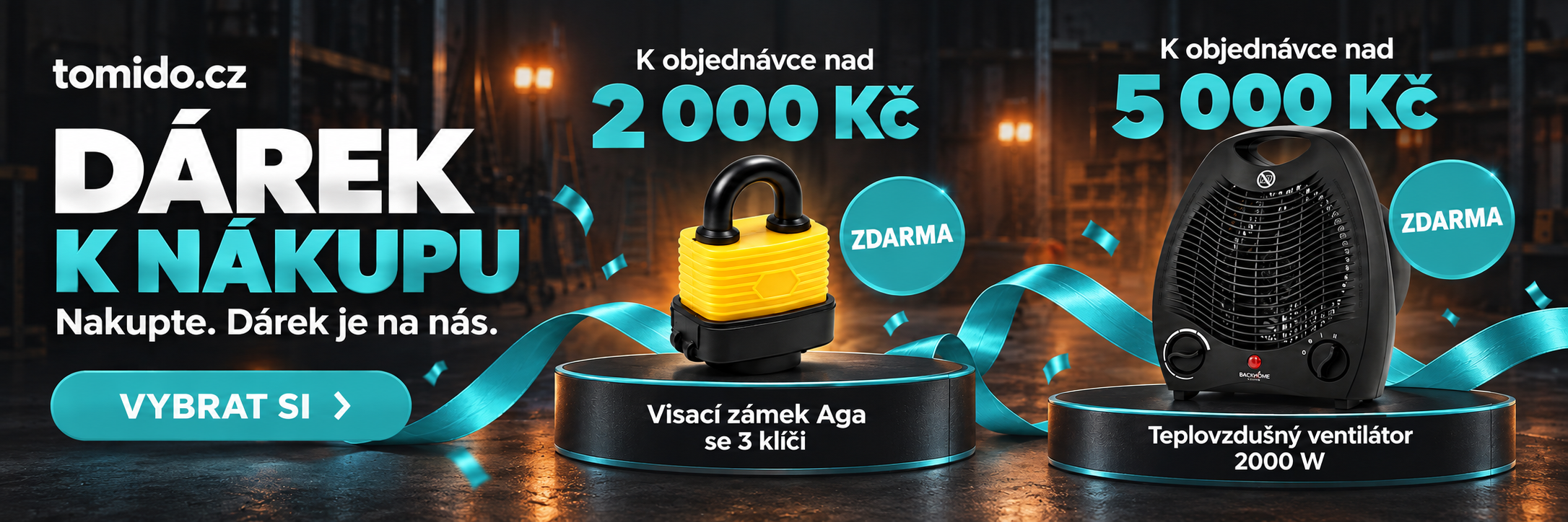 Dárek k nákupu na Tomido.cz: k objednávce nad 2 000 Kč visací zámek Aga se 3 klíči zdarma, nad 5 000 Kč teplovzdušný ventilátor 2000 W zdarma.