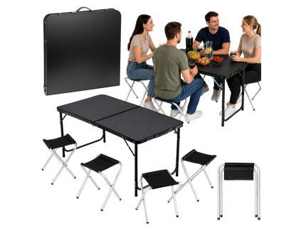 Kempingový set skládací stůl 4 taburety kufr černý