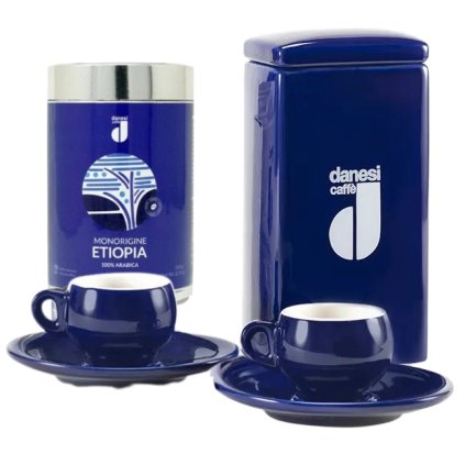 Danesi Duo Plus szett Kék Etiópia Őrölt - Sötét Kazettás Őrölt Kávé 250 g + 2 csésze és 2 csészealj - kék