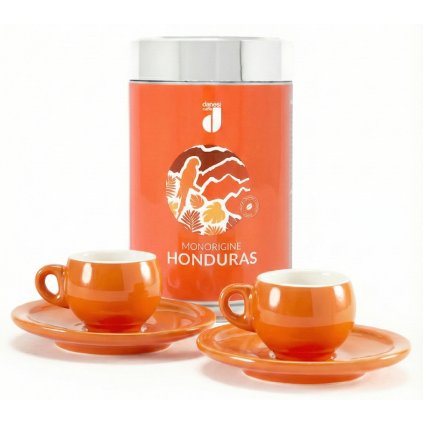 Danesi Duo Plus Set Orange Honduras Mletá - Darková Kazeta Mletá Káva 250 g + 2 šálky a 2 podšálky - oranžová