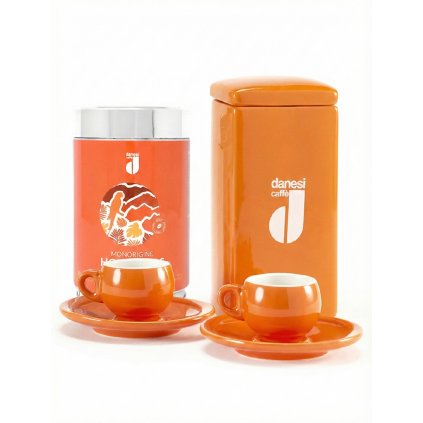 Danesi Duo Plus szett Narancssárga Honduras babok - Sötét kávébab kazetta 250 g + 2 csésze és 2 csészealj - narancssárga