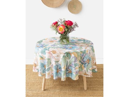 Kulatý lněný ubrus s potiskem zářivých pivoněk na bílém pozadí