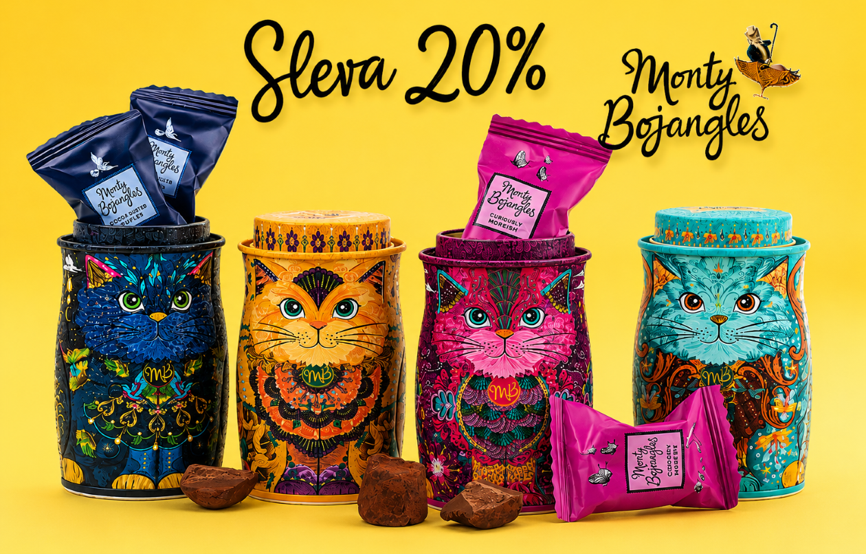 Monty Bojangles čokoládové lanýže. Akce na plechové dózy koťátka - sleva 20%