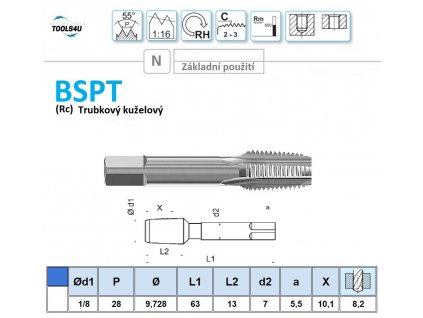 Závitník BSPT (Rc) 1/8x28 kuželový s přímou drážkou bez povlaku