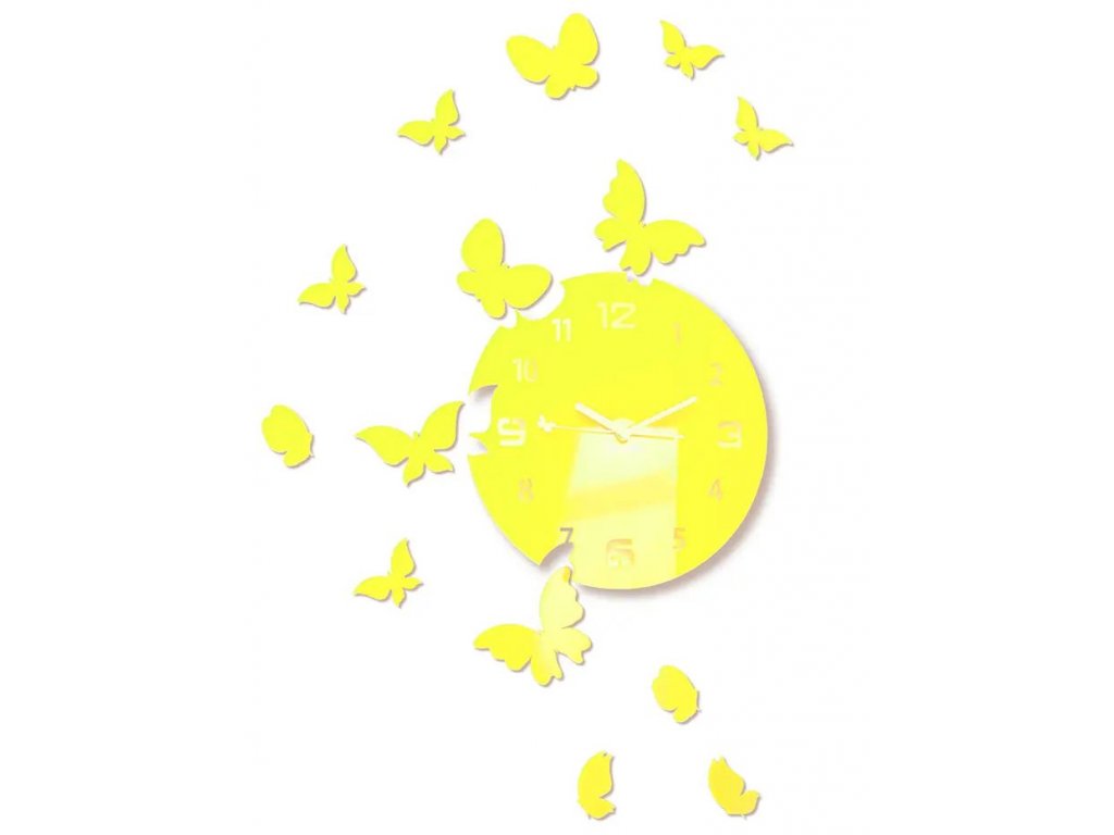 Nástenné akrylové hodiny Motýle - žltá