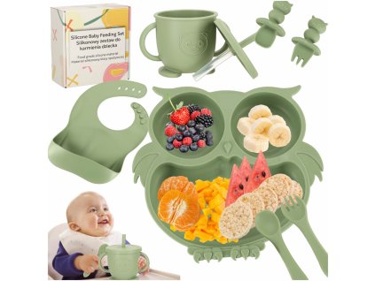 Naczynia silikonowe dla dzieci zestaw 8 elementow sowa militarny zielony 167252