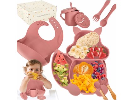 Naczynia silikonowe dla dzieci wiewiorka zestaw 9 elementow ciemny rozowy 167237