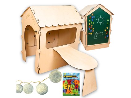Domek drewniany dla dzieci z tablica kredowa i stolikiem kule LED 86 x 137 x 105 cm 150765