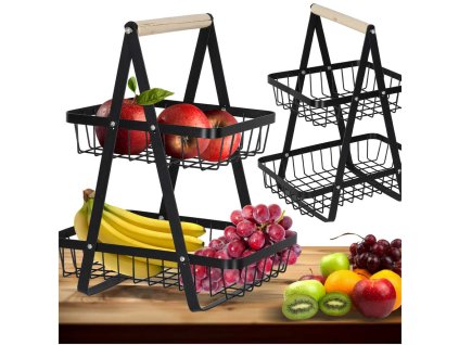 Kosz miska na owoce dwupoziomowy pietrowy metal drewno 176519