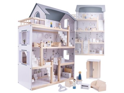 Domek dla lalek drewniany mebelki 80cm bialy szary 166637