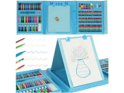 Zestaw plastyczny do malowania w walizce 208 elementow kredki pastele markery pisaki farby linijka niebieski 141168