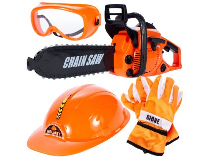 Sada dřevorubce pila, rukavice, přilba, brýle