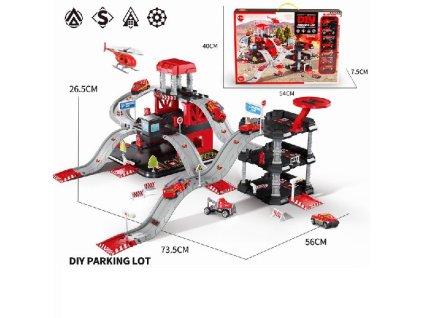 Parkoviště 6 kovových aut + helikoptéra