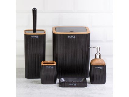 Koupelnová sada čtvercová 5 ks černá / dřevo