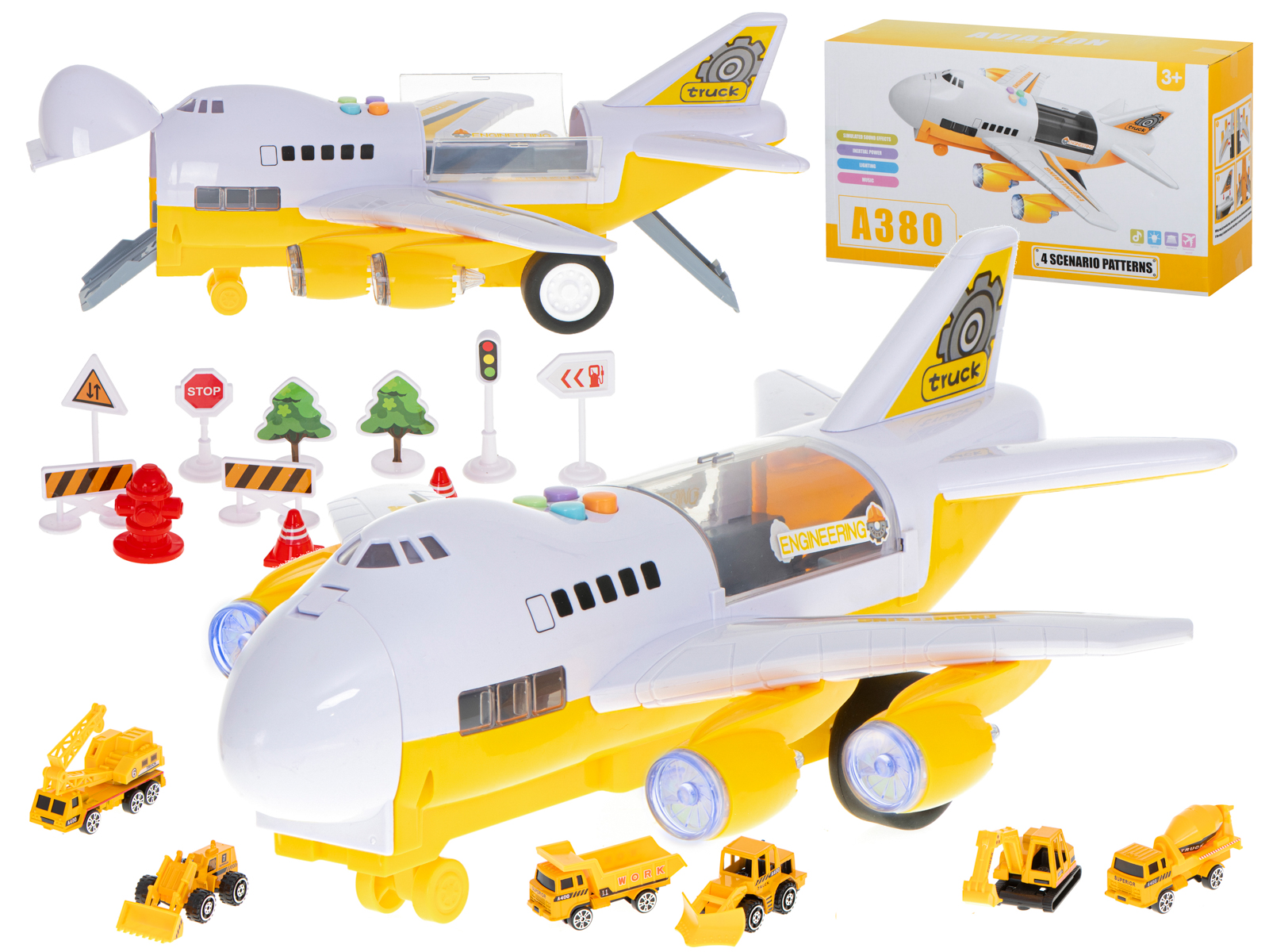 Letadlo Transporter + 6 vozů stavební vozidla boční/přední