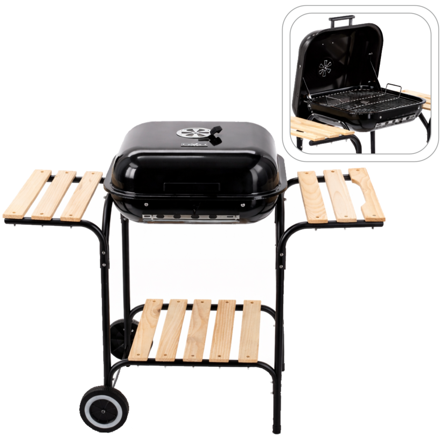 AMERICKÝ UHELNÝ GRIL S BOČNÍMI POLICEMI A KOLEČKY 97,5 x 49 x 82,5 CM