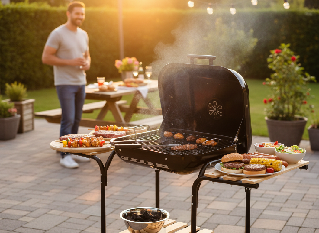 AMERICKÝ UHELNÝ GRIL S BOČNÍMI POLICEMI A KOLEČKY 97,5 x 49 x 82,5 CM