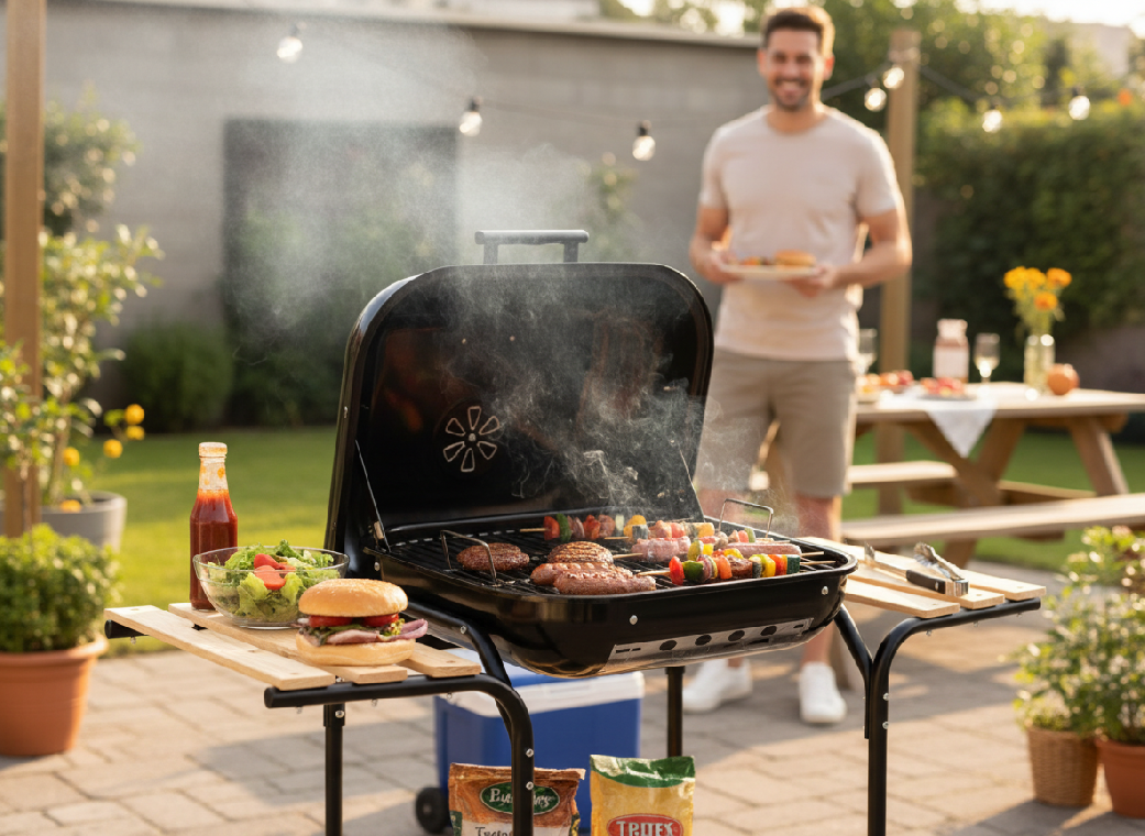 AMERICKÝ UHELNÝ GRIL S BOČNÍMI POLICEMI A KOLEČKY 97,5 x 49 x 82,5 CM