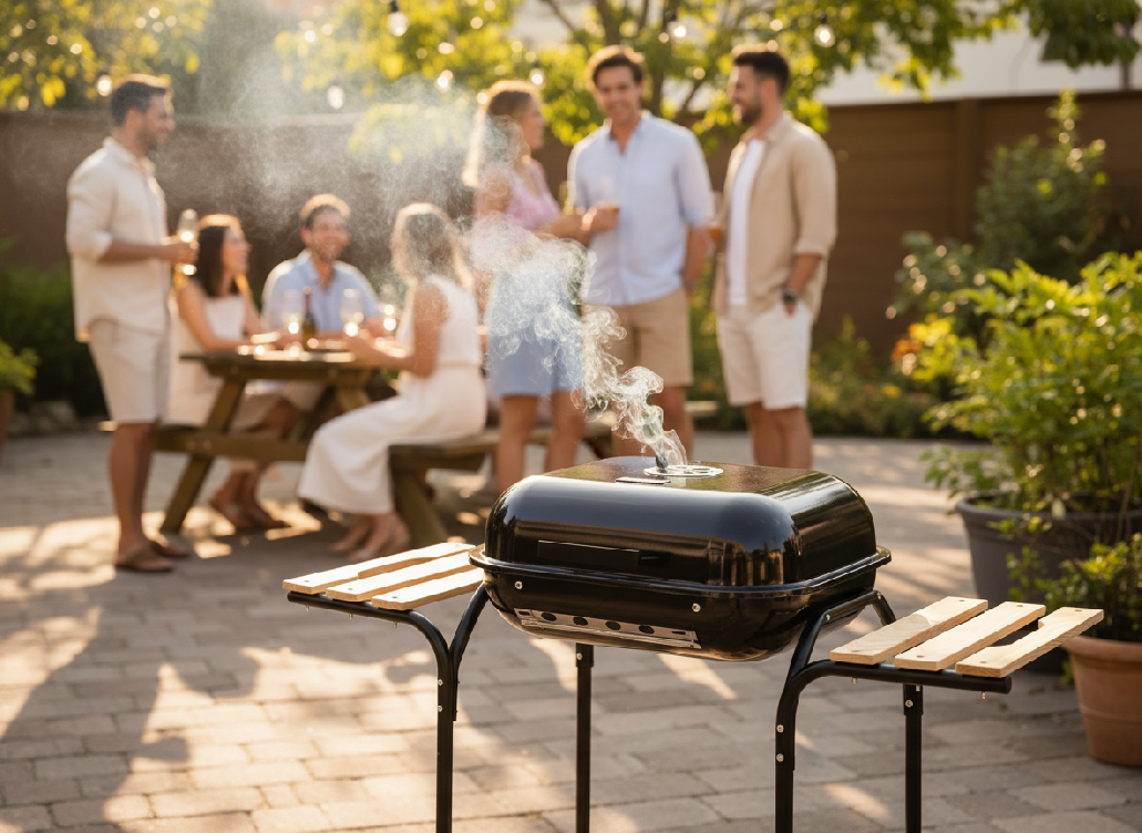 AMERICKÝ UHELNÝ GRIL S BOČNÍMI POLICEMI A KOLEČKY 97,5 x 49 x 82,5 CM